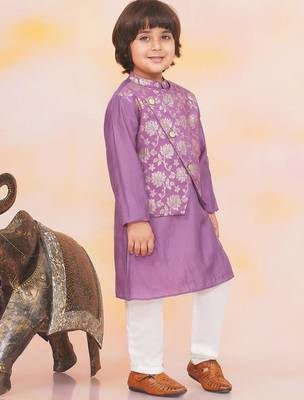 Purple printed jacquard attached jacket silk kurta set for boys 3