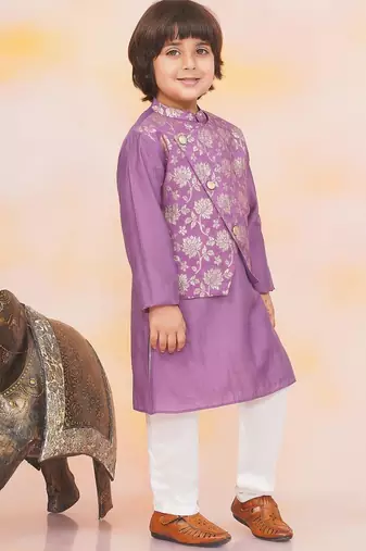 Purple printed jacquard attached jacket silk kurta set for boys
