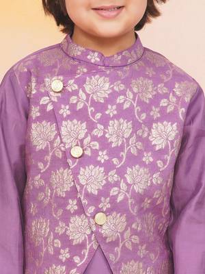 Purple printed jacquard attached jacket silk kurta set for boys 4
