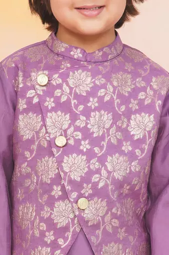 Purple printed jacquard attached jacket silk kurta set for boys