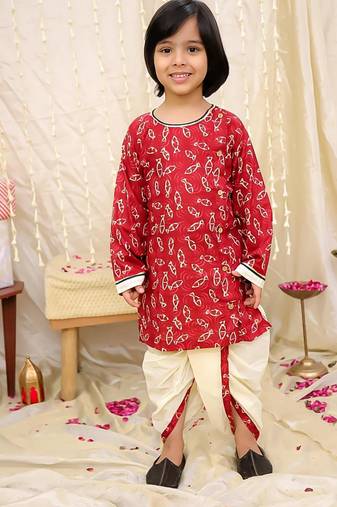 Maroon printed cotton jaltarang kurta dhoti set for boys