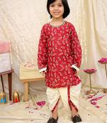 Maroon printed cotton jaltarang kurta dhoti set for boys