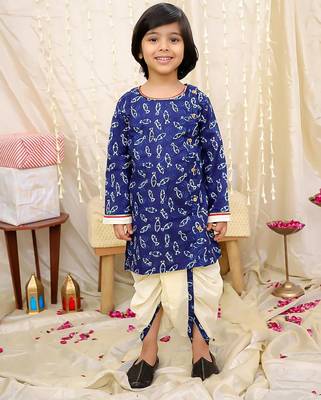 Navy printed cotton jaltarang kurta dhoti set for boys 1