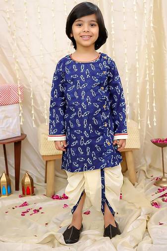Navy printed cotton jaltarang kurta dhoti set for boys