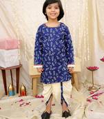 Navy printed cotton jaltarang kurta dhoti set for boys