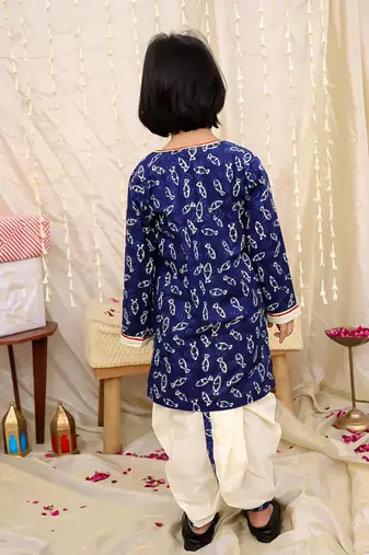 Navy printed cotton jaltarang kurta dhoti set for boys