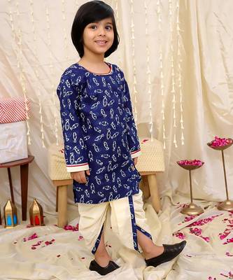 Navy printed cotton jaltarang kurta dhoti set for boys 3