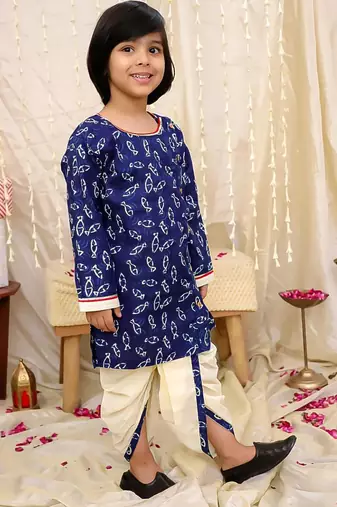 Navy printed cotton jaltarang kurta dhoti set for boys