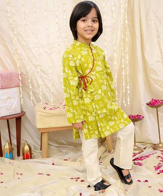 Green printed cotton jungle jam kurta pyjama set for boys 3