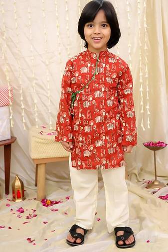 Maroon printed cotton jungle jam kurta pyjama set for boys
