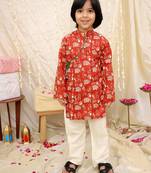 Maroon printed cotton jungle jam kurta pyjama set for boys
