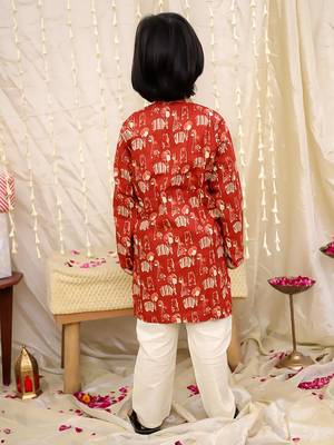 Maroon printed cotton jungle jam kurta pyjama set for boys 2