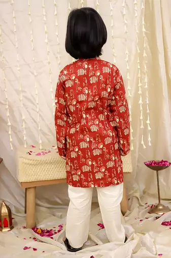 Maroon printed cotton jungle jam kurta pyjama set for boys