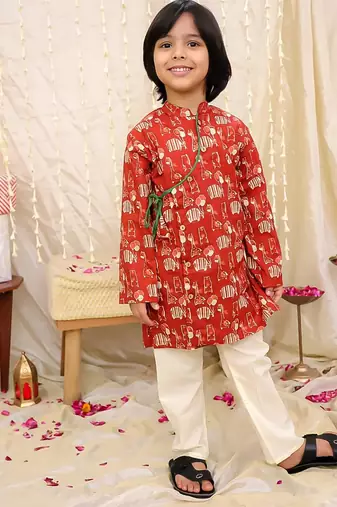 Maroon printed cotton jungle jam kurta pyjama set for boys