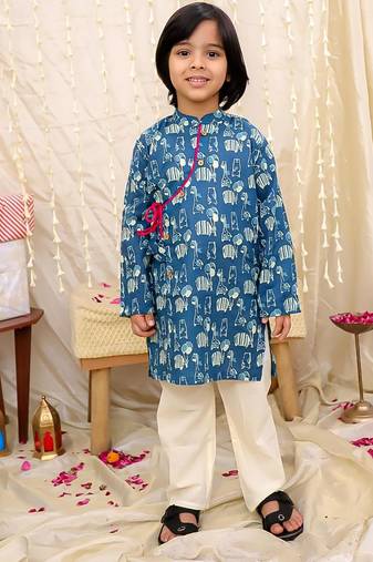 Blue printed cotton jungle jam kurta pyjama set for boys