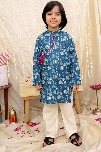 Blue printed cotton jungle jam kurta pyjama set for boys