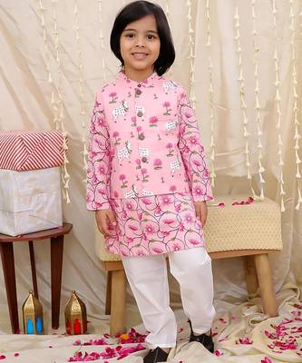 Pink printed cotton nandi motif jacket kurta set for boys 1