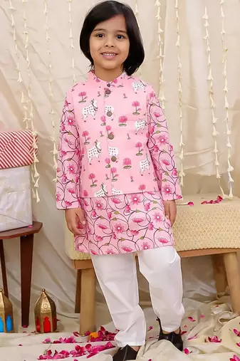 Pink printed cotton nandi motif jacket kurta set for boys