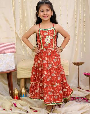 Maroon printed cotton jungle jam long dress for girls 1