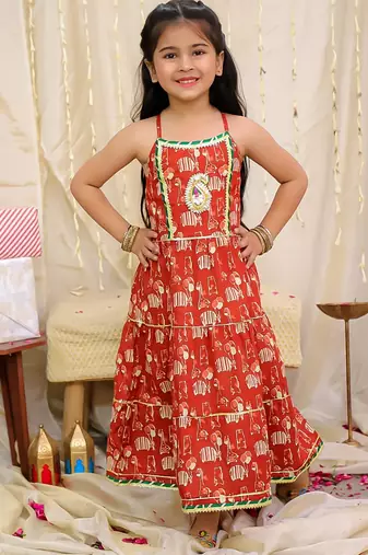 Maroon printed cotton jungle jam long dress for girls