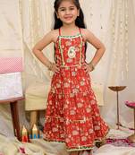 Maroon printed cotton jungle jam long dress for girls