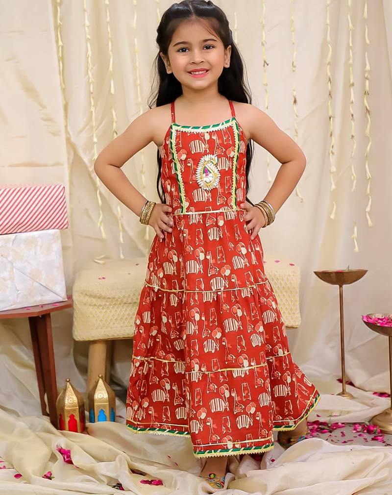 Maroon printed cotton jungle jam long dress for girls
