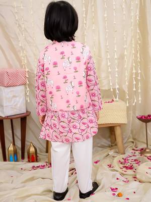 Pink printed cotton nandi motif jacket kurta set for boys 2