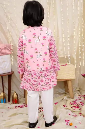 Pink printed cotton nandi motif jacket kurta set for boys