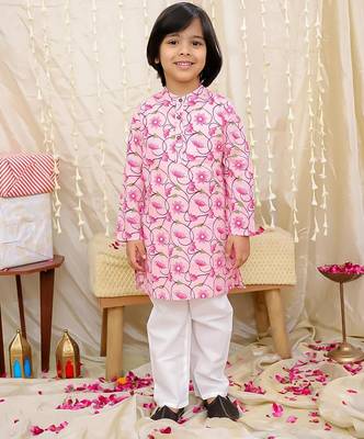 Pink printed cotton nandi motif jacket kurta set for boys 3