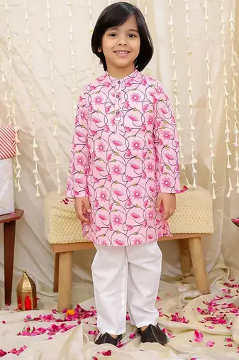 Pink printed cotton nandi motif jacket kurta set for boys