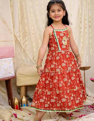 Maroon printed cotton jungle jam long dress for girls 3