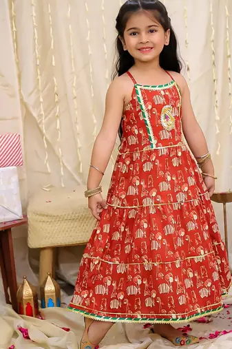 Maroon printed cotton jungle jam long dress for girls