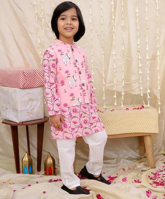 Pink printed cotton nandi motif jacket kurta set for boys 4