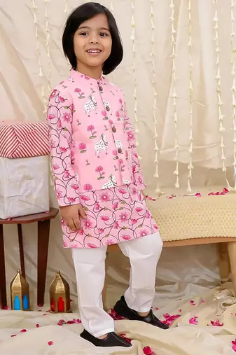 Pink printed cotton nandi motif jacket kurta set for boys