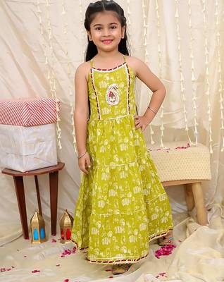 Green printed cotton jungle jam long dress for girls 1