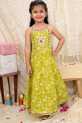Green printed cotton jungle jam long dress for girls