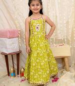 Green printed cotton jungle jam long dress for girls