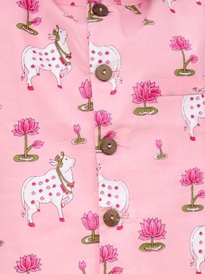 Pink printed cotton nandi motif jacket kurta set for boys 5