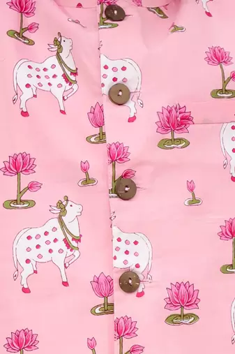 Pink printed cotton nandi motif jacket kurta set for boys