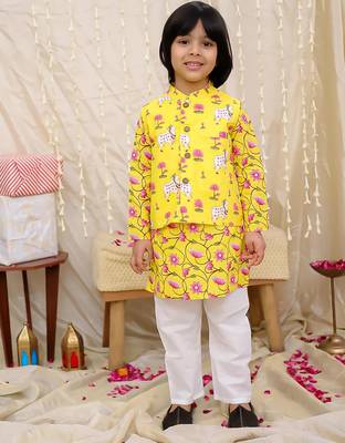 Yellow printed cotton nandi motif jacket kurta set for boys 1