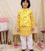 Yellow printed cotton nandi motif jacket kurta set for boys