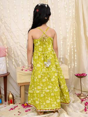 Green printed cotton jungle jam long dress for girls 2