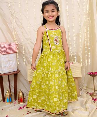 Green printed cotton jungle jam long dress for girls 3