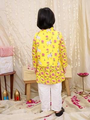 Yellow printed cotton nandi motif jacket kurta set for boys 2