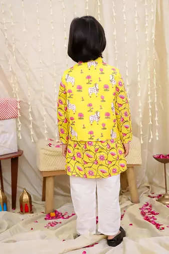 Yellow printed cotton nandi motif jacket kurta set for boys