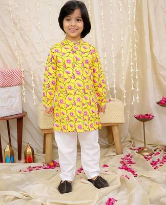 Yellow printed cotton nandi motif jacket kurta set for boys 3