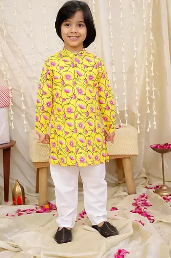 Yellow printed cotton nandi motif jacket kurta set for boys