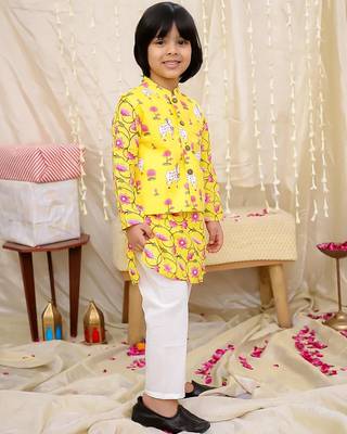 Yellow printed cotton nandi motif jacket kurta set for boys 4