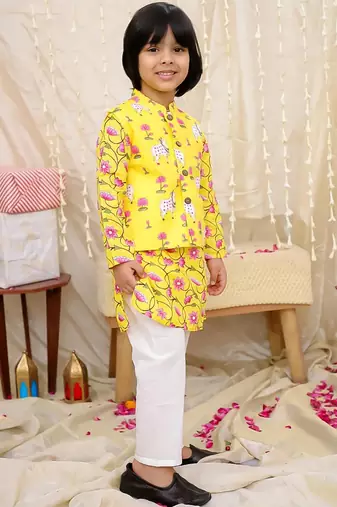 Yellow printed cotton nandi motif jacket kurta set for boys