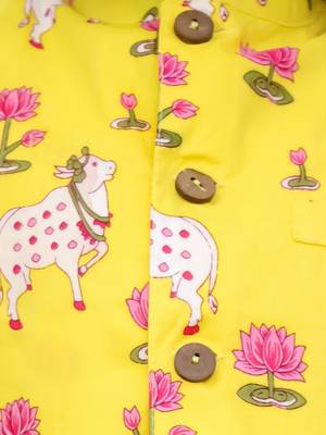 Yellow printed cotton nandi motif jacket kurta set for boys 5